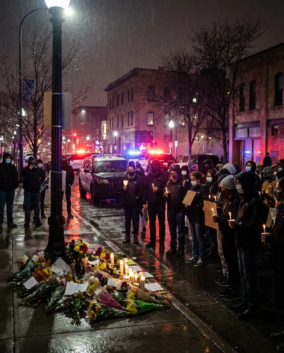 Candlelit memorial and protesters on a Minneapolis street after a fatal police related incident.