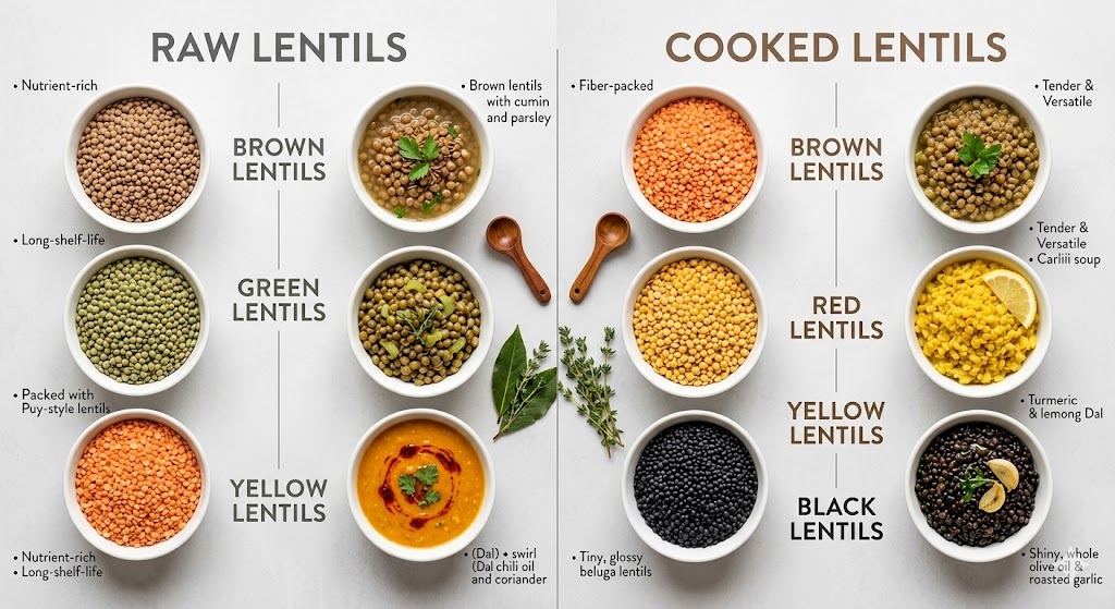A side-by-side visual comparison of different types of raw lentils versus their cooked forms. On the left are dry brown, green (Puy-style), and red split lentils. On the right are cooked brown, red split, yellow, and black beluga lentils, each with descriptive text about their characteristics and uses. The image is a top-down flat lay with a neutral background.