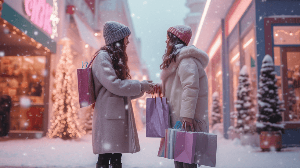 Two women with shopping bags stand in a snowy outdoor mall