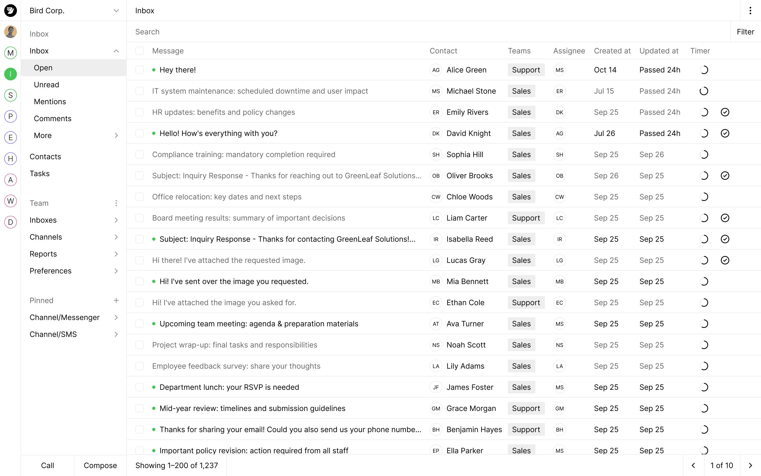 Customer support ticket management interface displaying message history and assigned agent status with action toolbar