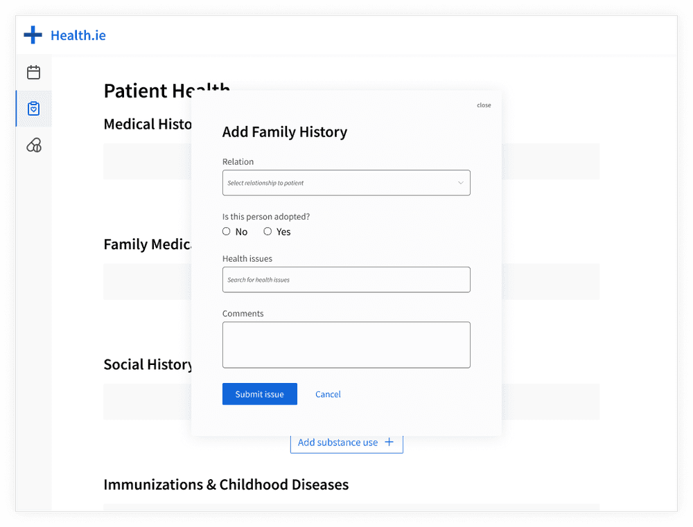 Family history modal pop up over dashboard experience