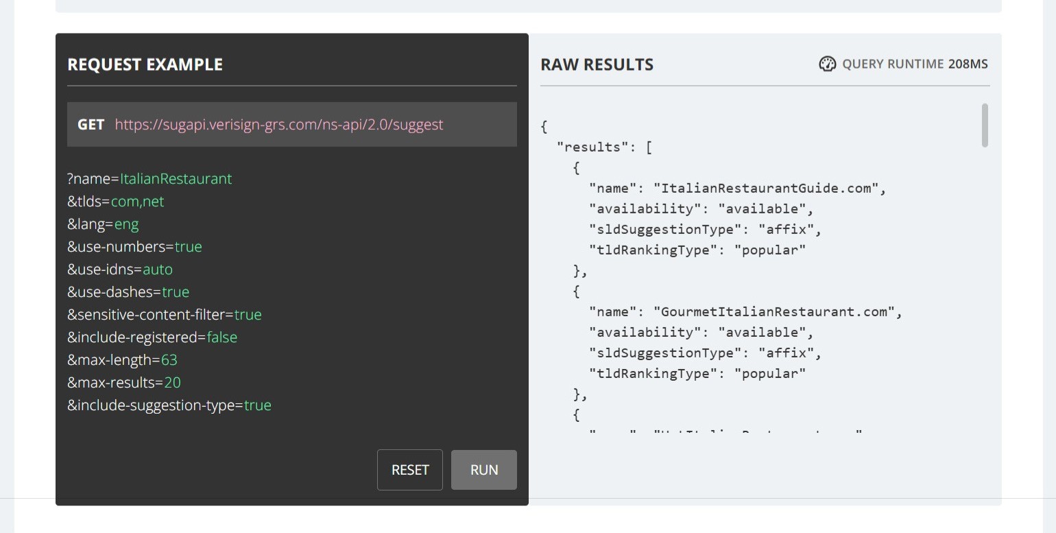 screenshot of the NameStudio API demo page