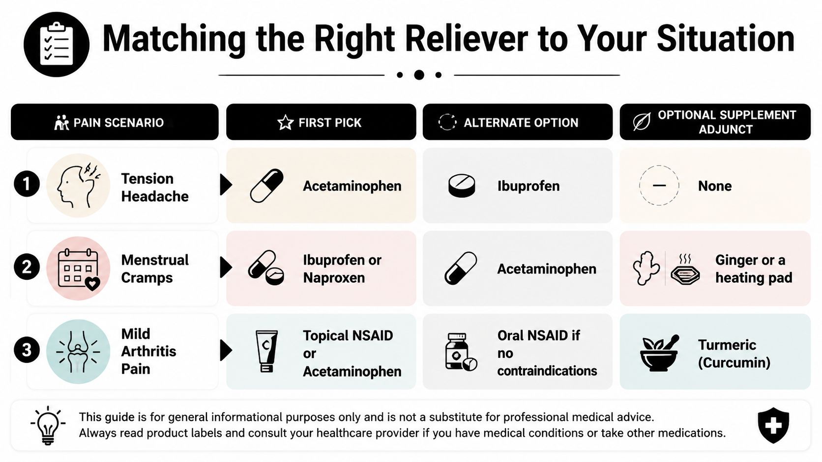 A table comparing pain reliever recommendations for tension headaches, menstrual cramps, and mild arthritis pain.