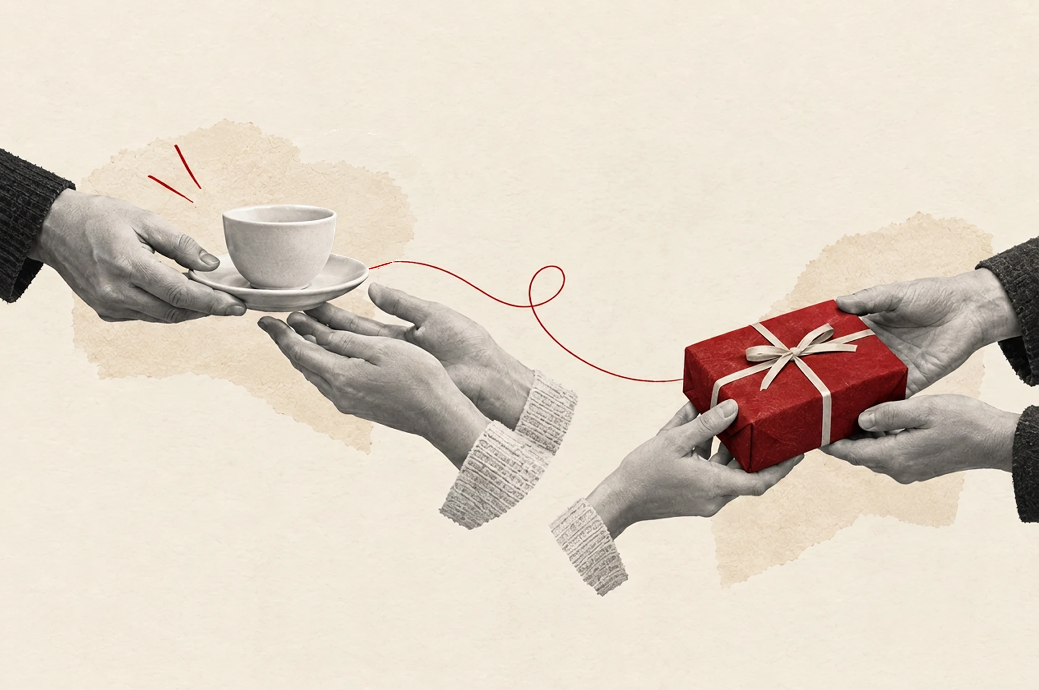 Hands exchanging a cup of tea and a wrapped red gift, illustrating everyday thanks and gratitude for gifts