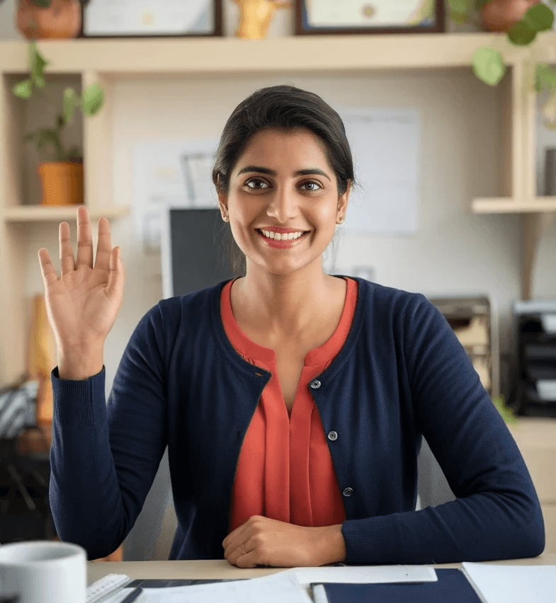 Tax expert Ahana on a Meet with a customer.