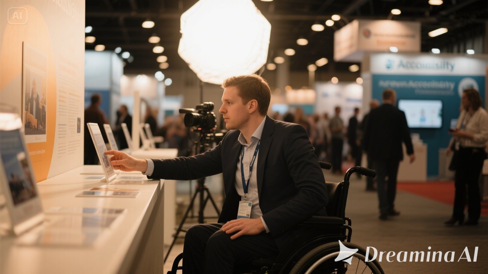 Ein Mann im Anzug sitzt in einem Rollstuhl und interagiert mit einem Tablet oder Bildschirm auf einer Messe. Er blickt nach vorne und hat die Hand auf dem Bildschirm. Im Hintergrund ist eine Messehalle oder Veranstaltung mit unscharfen Personen, Ständen und Beleuchtung zu sehen, darunter eine große, leuchtende Softbox. Hinter dem Mann steht ein Kamerastativ.