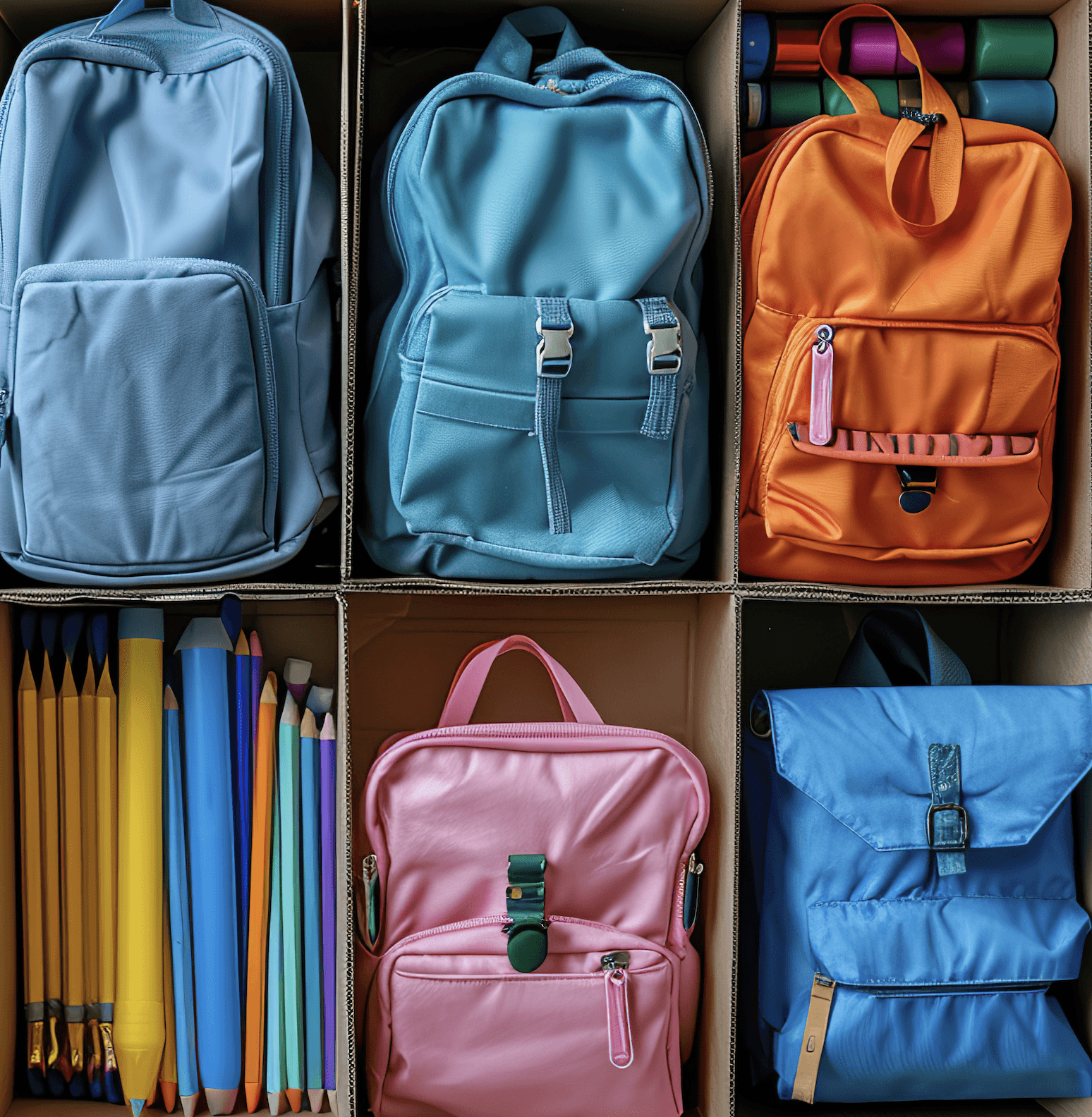 Three colorful book bags surrounded by school supplies like notebooks, pencils, and crayons.