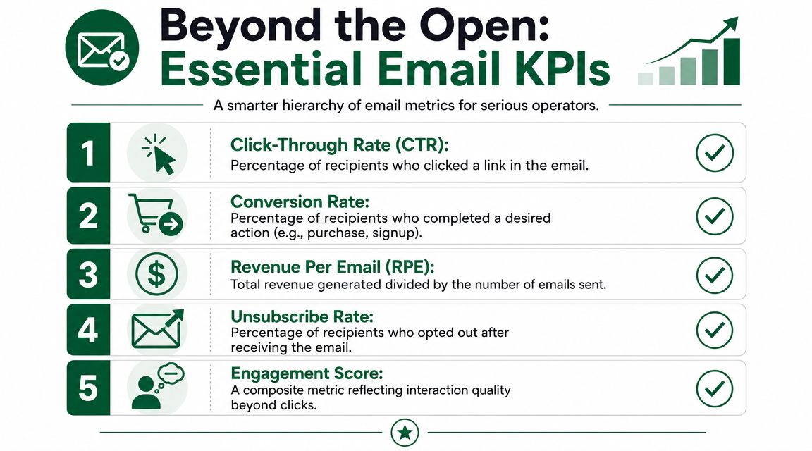 A five-point infographic titled Beyond the Open detailing essential email marketing KPIs like CTR and conversion rate.