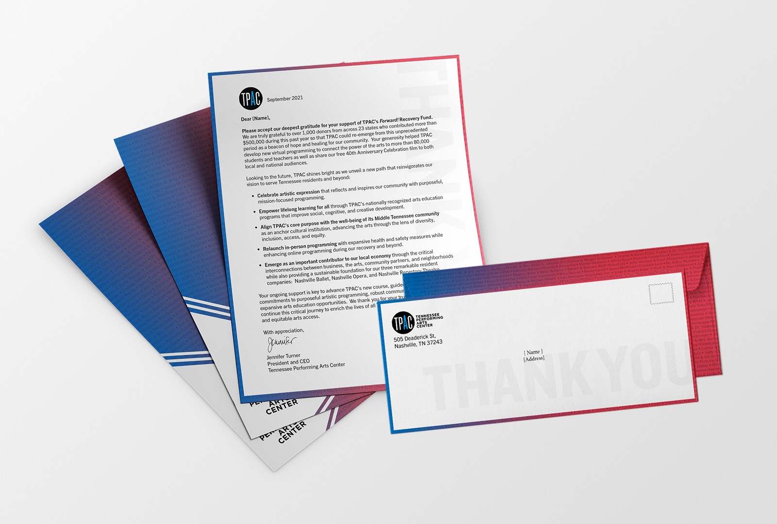 Tennessee Performing Arts Center shareholder letter in an A4 letter size and envelope