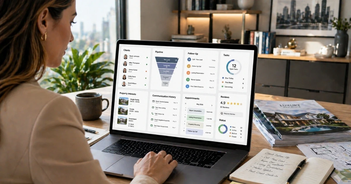 A real estate professional gently organizing their client database using real estate lead management software on a laptop.