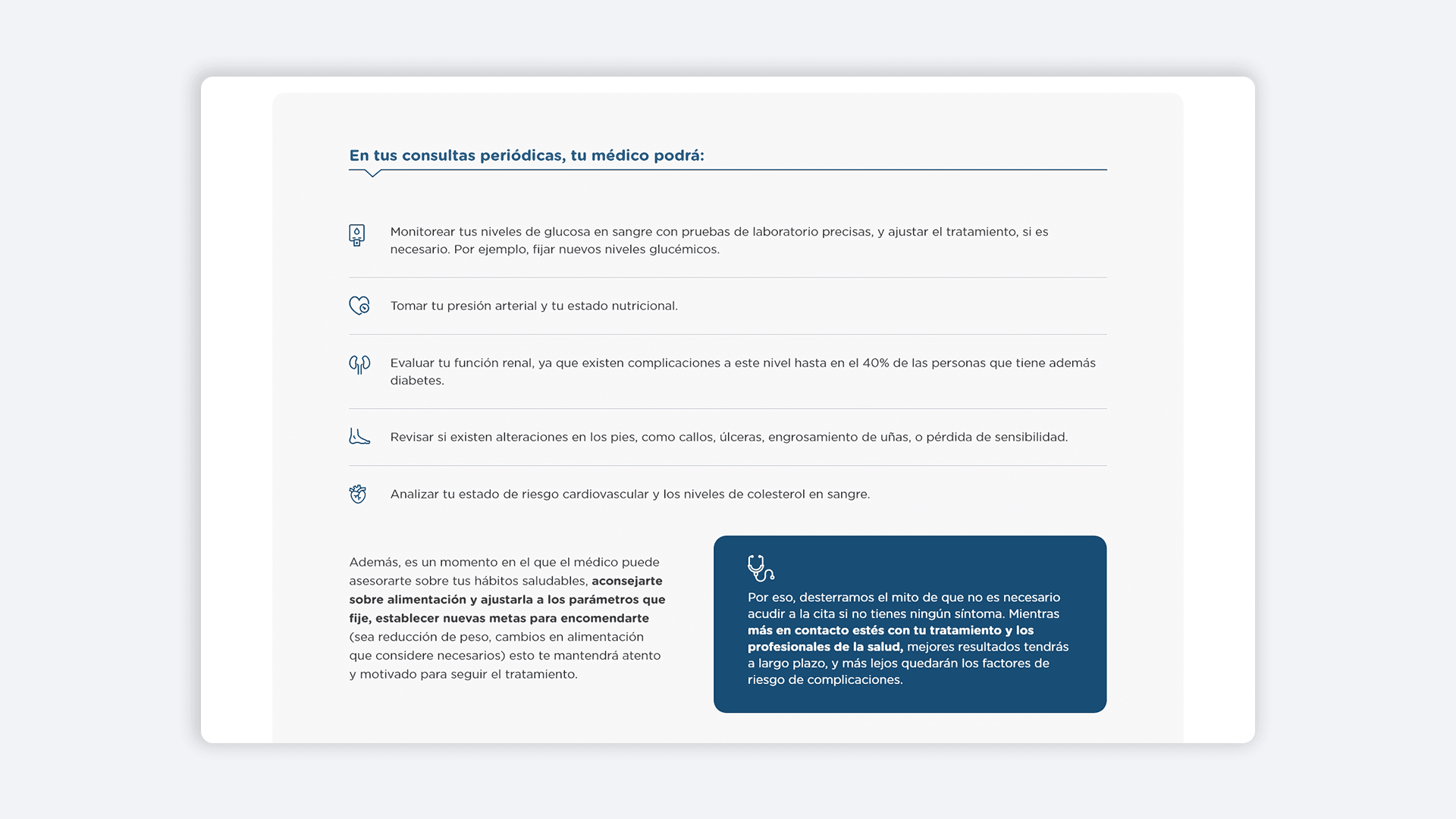 Listado de consejos médicos en español con iconos sobre monitoreo de glucosa y evaluación de salud cardiovascular.