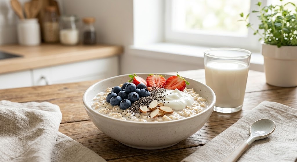 A close-up photograph of a healthy breakfast bowl filled with overnight oats, Greek yogurt, fresh blueberries, sliced strawberries, almonds, and chia seeds, served on a wooden table next to a glass of unsweetened almond milk in a cozy modern kitchen.