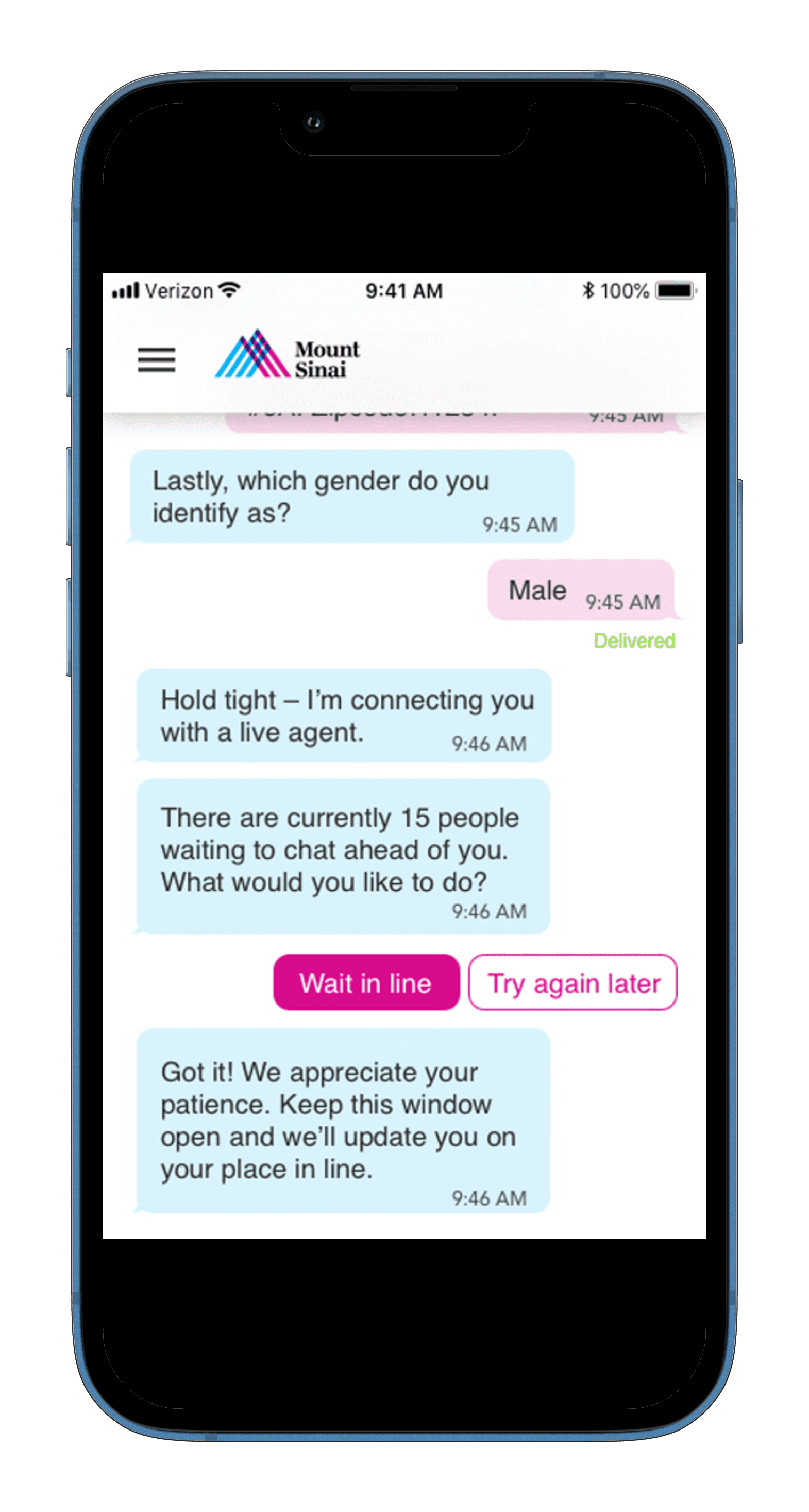 mobile image of Mount Sinai COVID-19 chatbot