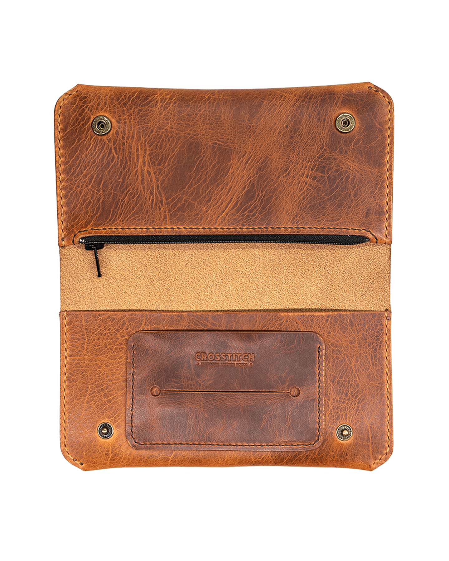 Handmade waxy cognac leather tobacco pouch open empty