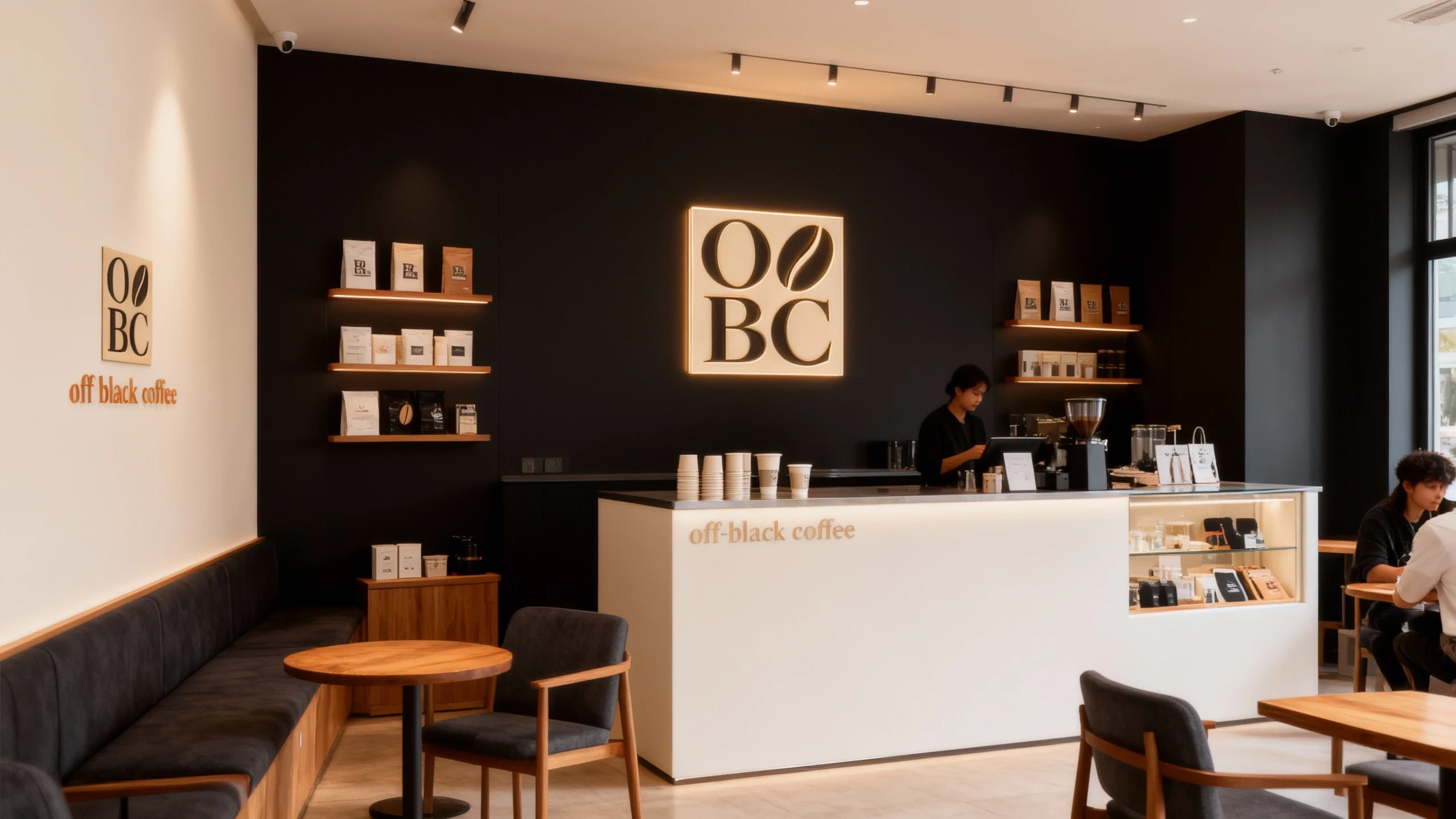 The interior of a modern cafe features a white service counter, black walls with a glowing "OBC" logo, and minimalist wooden furniture.
