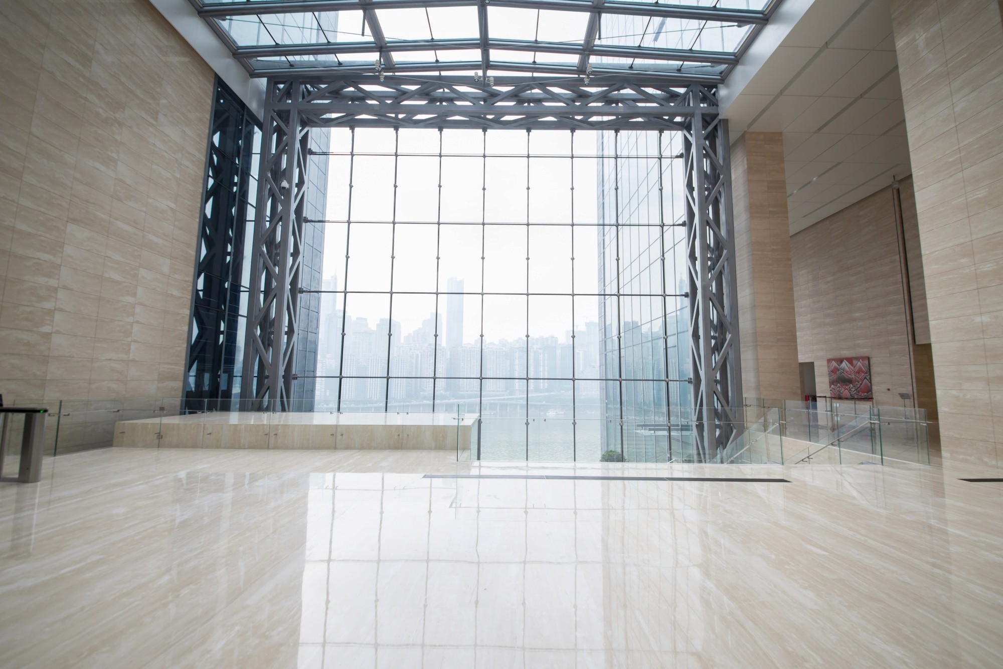 A sparkling clean marble lobby floor