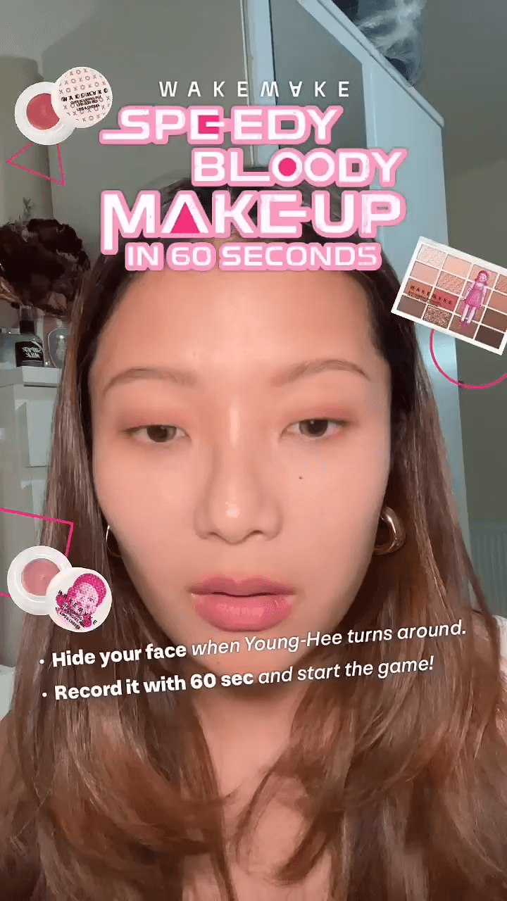 60초 안에 화장을 완성하는 웨이크메이크 스피디 블러디 메이크업 AR 챌린지 시작 화면