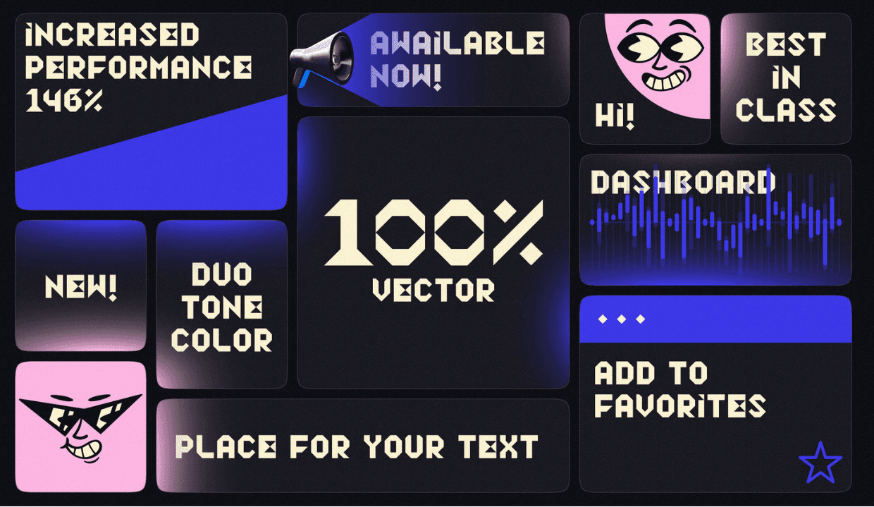 Retro-themed graphic with phrases like "Increased Performance 146%" and "100% Vector." Features cartoon faces, bright colors, and playful text arrangement