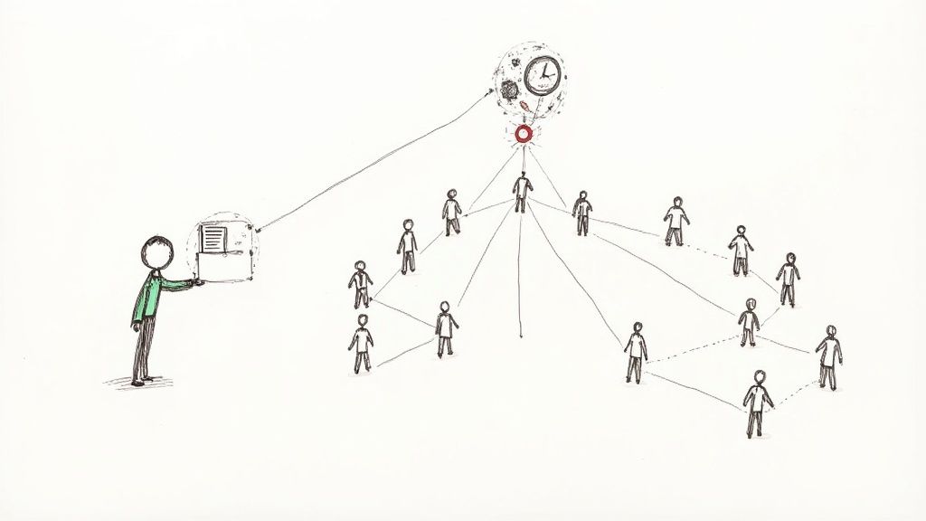 A person handing off a stack of papers to an executive assistant, symbolizing effective delegation.