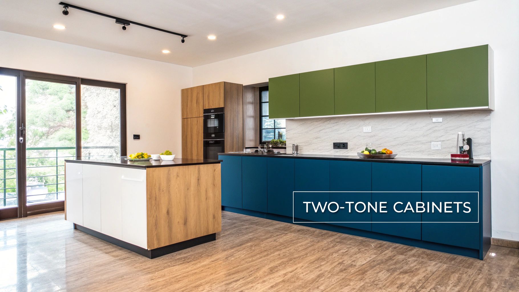 Stylish kitchen showcasing a two-tone design with blue and green cabinets, a wood island, and large windows.