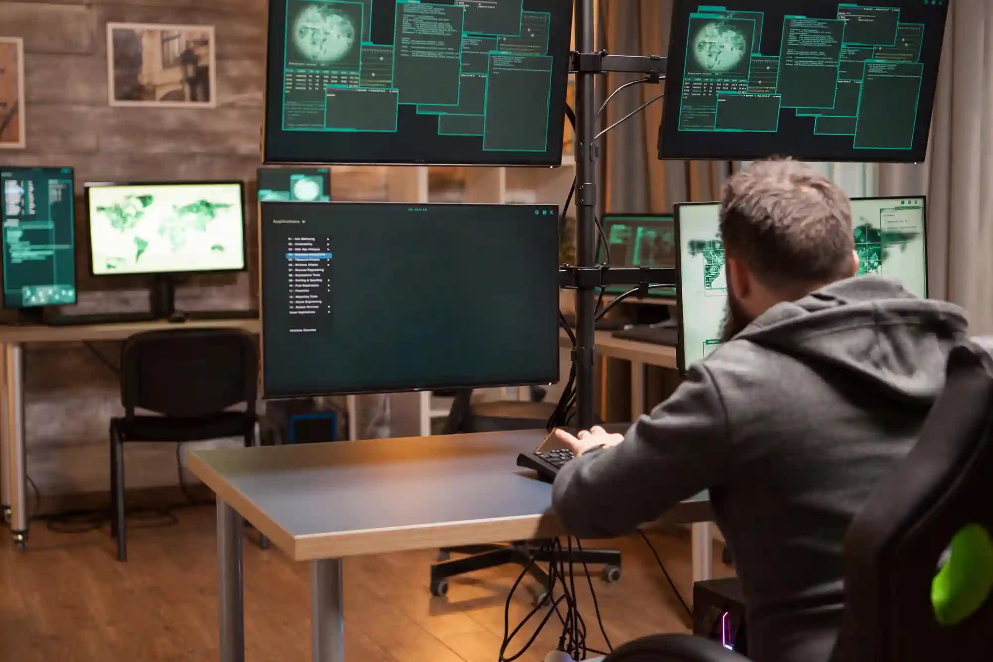 Man working on multiple computer screens in a dimly lit room, suggesting hacking, cybersecurity, or coding.