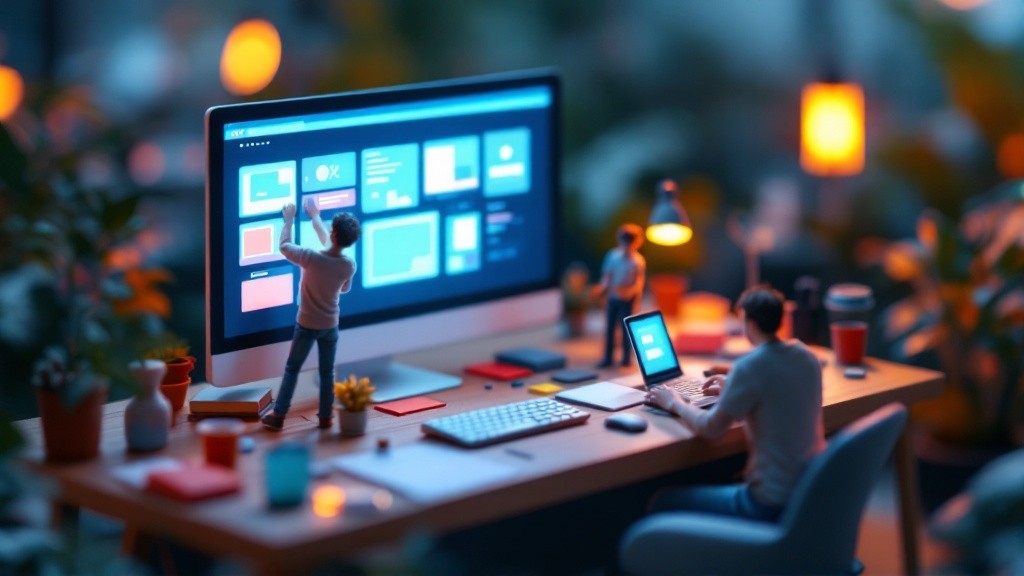 Tiny designers building a Framer website inside a miniature studio diorama with glowing responsive layout panels.
