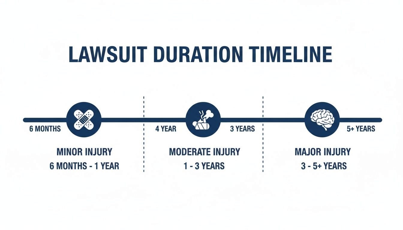 Lawsuit duration timeline illustrates estimated timeframes for minor, moderate, and major injury claims.