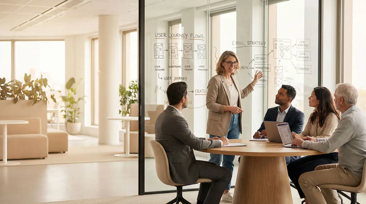 Diseñadora senior de UX liderando una sesión de co-creación con stakeholders y usuarios finales en una oficina moderna con wireframes y diagramas estratégicos al fondo.