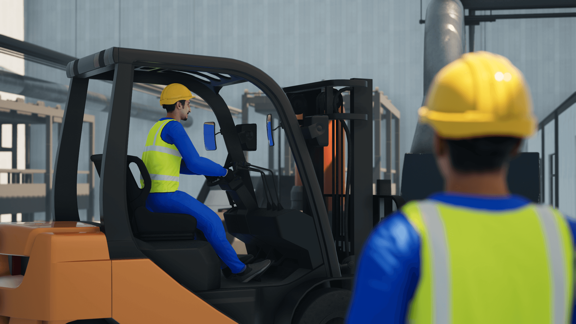3d man in safety workwear watching a warehouse employee driving a forklift