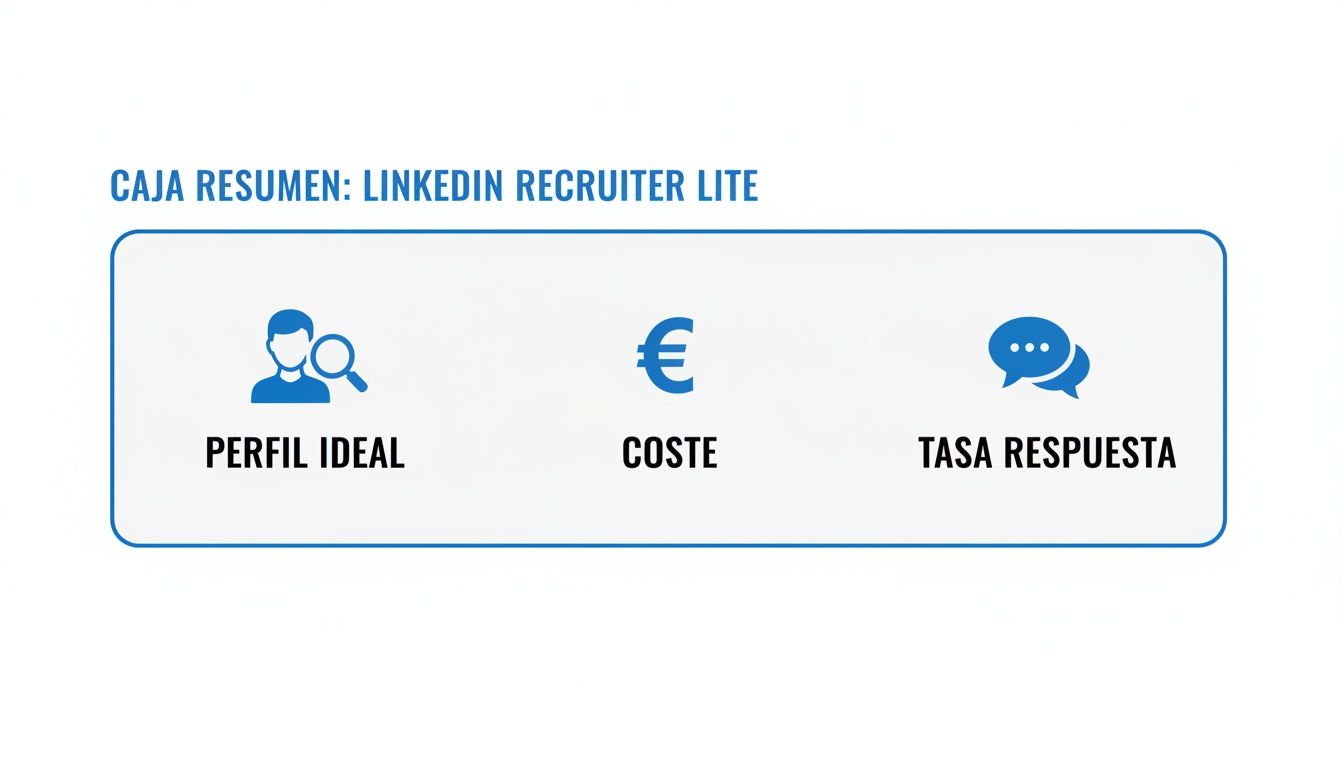 Caja resumen de LinkedIn Recruiter Lite con iconos para perfil ideal, coste y tasa de respuesta.