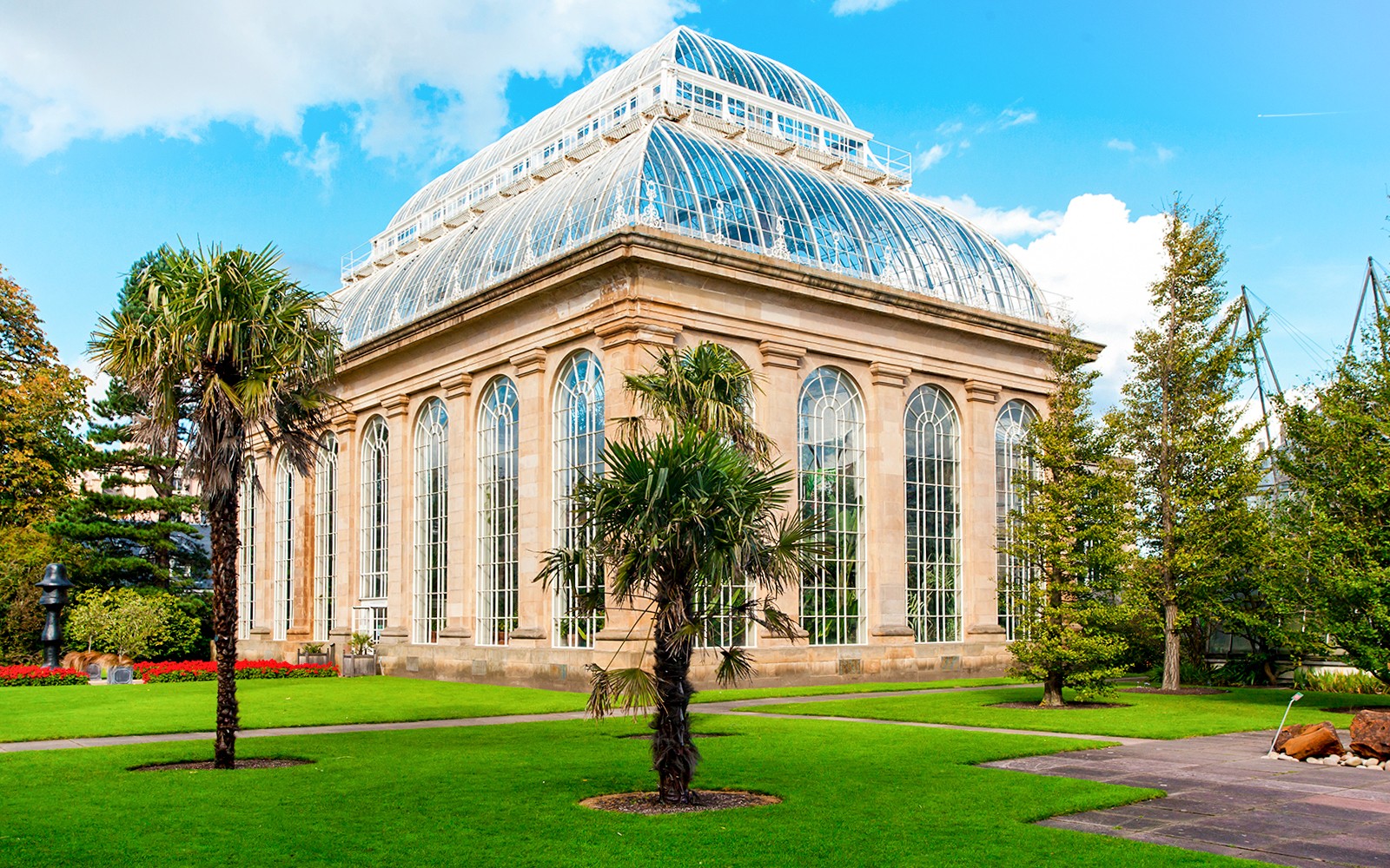 Estufa nos Jardins Botânicos Reais de Edimburgo com plantas exuberantes e arquitetura de vidro.