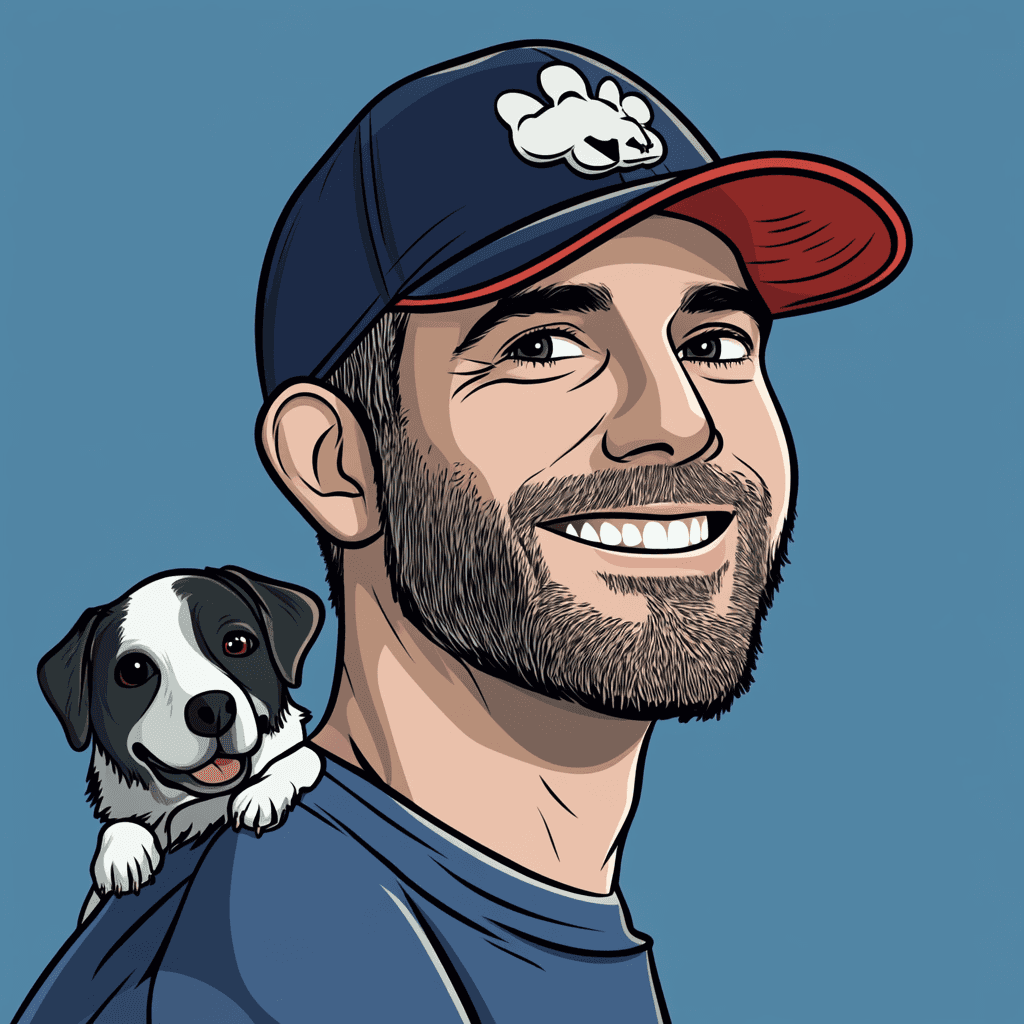 A smiling man in a baseball cap with a small dog on his shoulder, set against a blue background. This is Ryan - the head Pooper Scoper at Scoopers.uk.