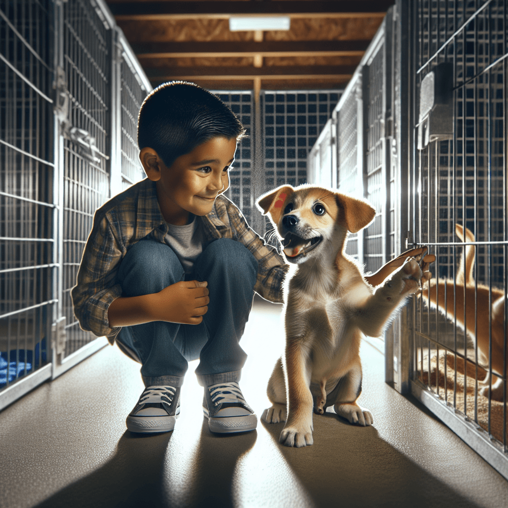 young boy crouches down to pet cute puppy at the pound