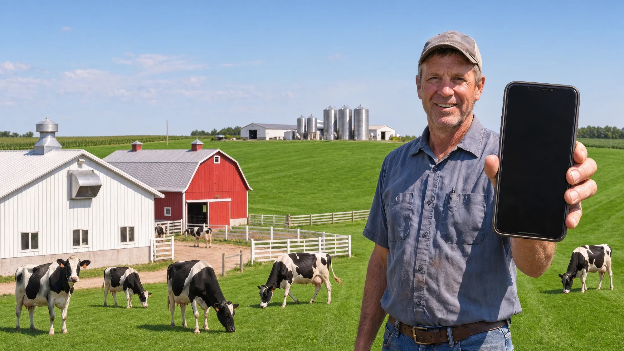 Dairy farmer in a pasture holding up a smartphone showing his final milk statement and a direct deposit notice, with cows grazing behind him