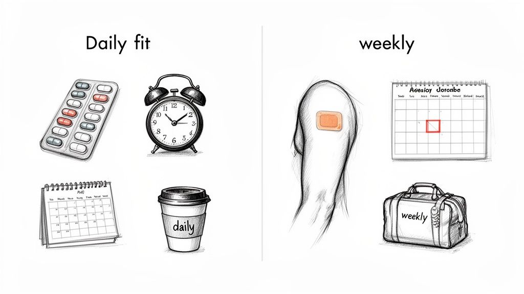 Illustration comparing daily routines with pills, coffee, and alarm clock to weekly patch and calendar.
