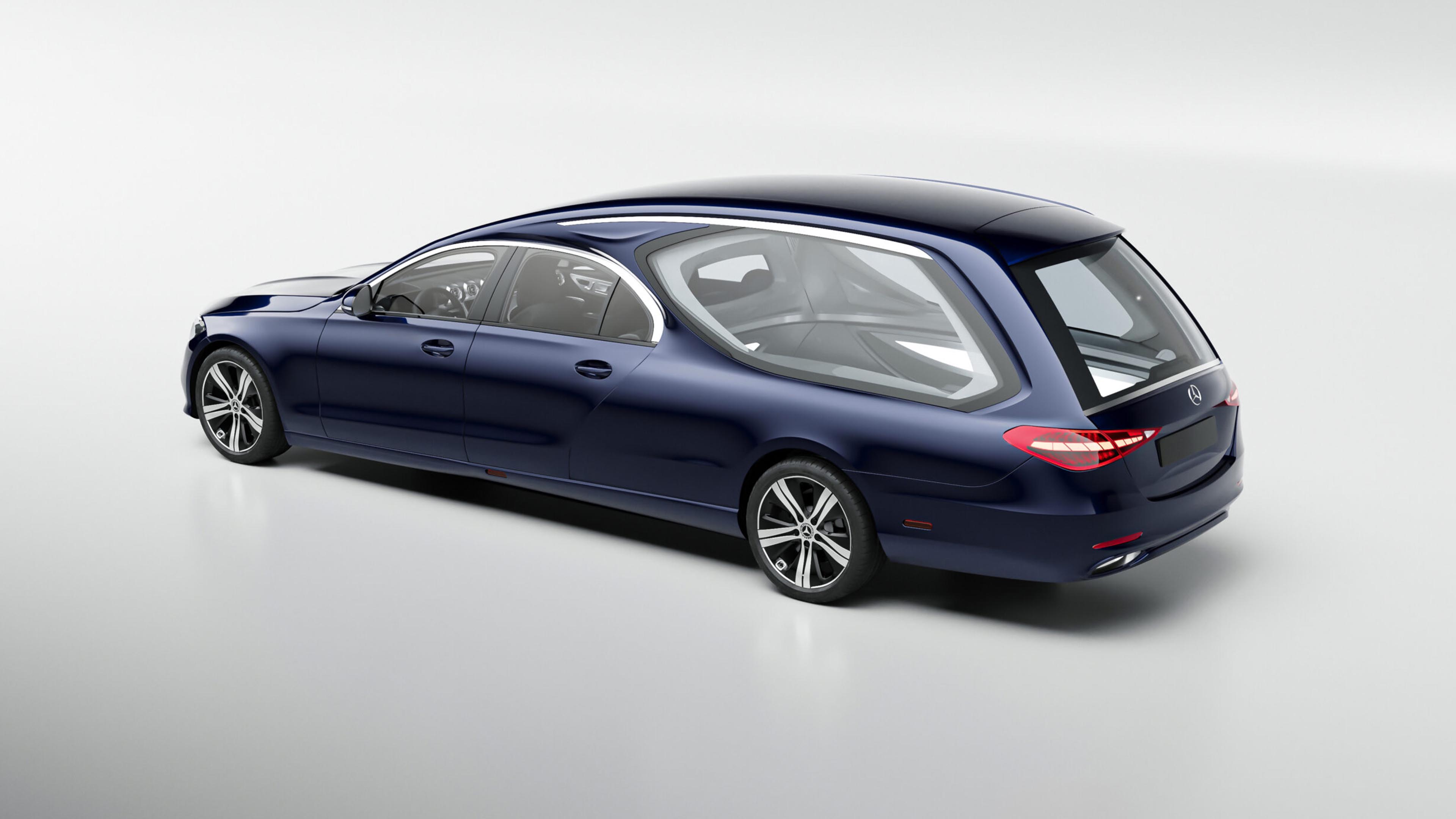 Render 3/4 retro di carro funebre Mercedes blu su fondo bianco