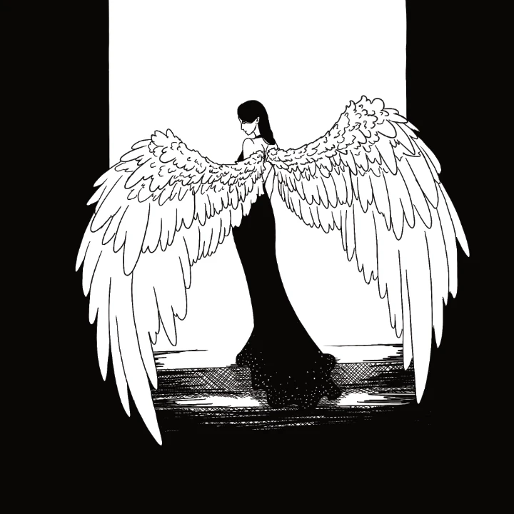 Digital ink drawing of an angel with full white wings, wearing a form fitting black dress, standing on stairs.