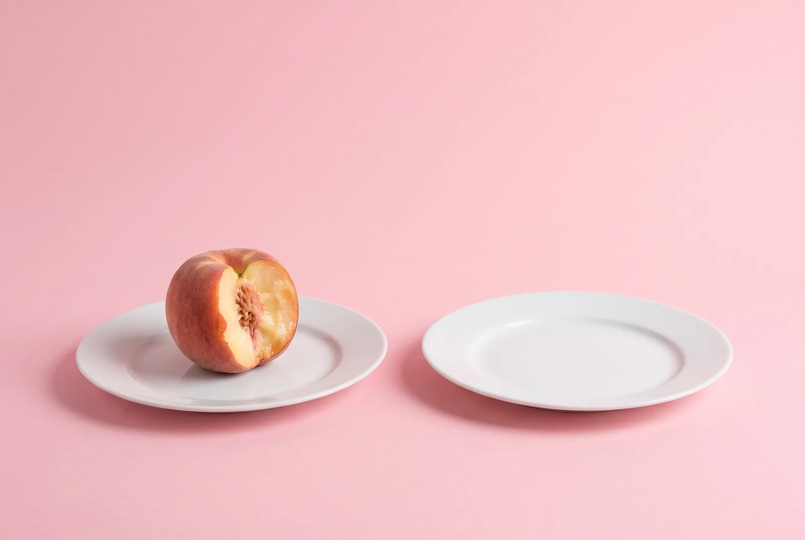 A peach with a deep bite taken out on a white plate, an image for betrayal trauma after porn discovery