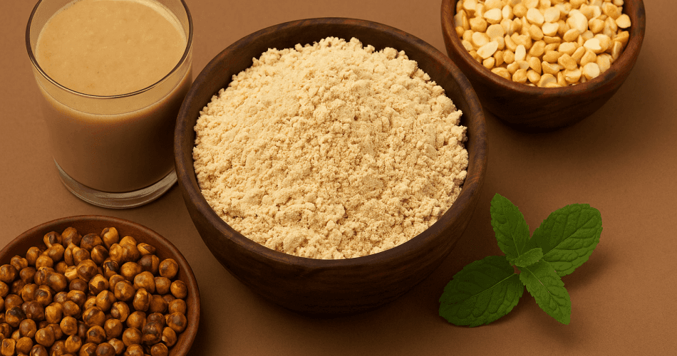 sattu powder on the table with roasted chana and sattu drink aside