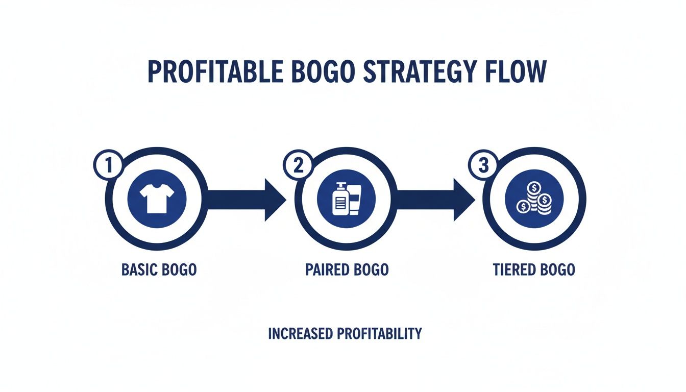 Flow chart illustrating profitable Buy One Get One (BOGO) strategy steps: basic, paired, and tiered, leading to increased profitability.
