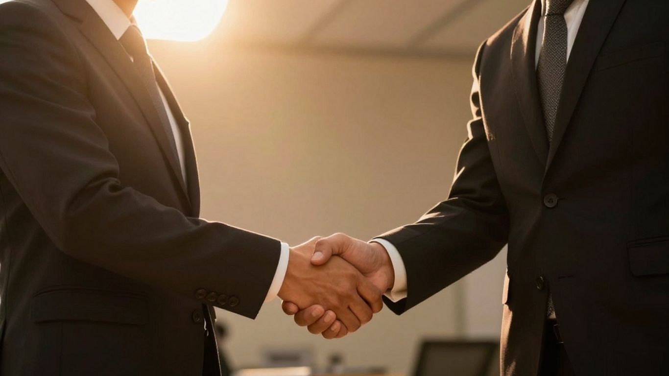 Business professionals shaking hands, symbolizing partnership and growth.