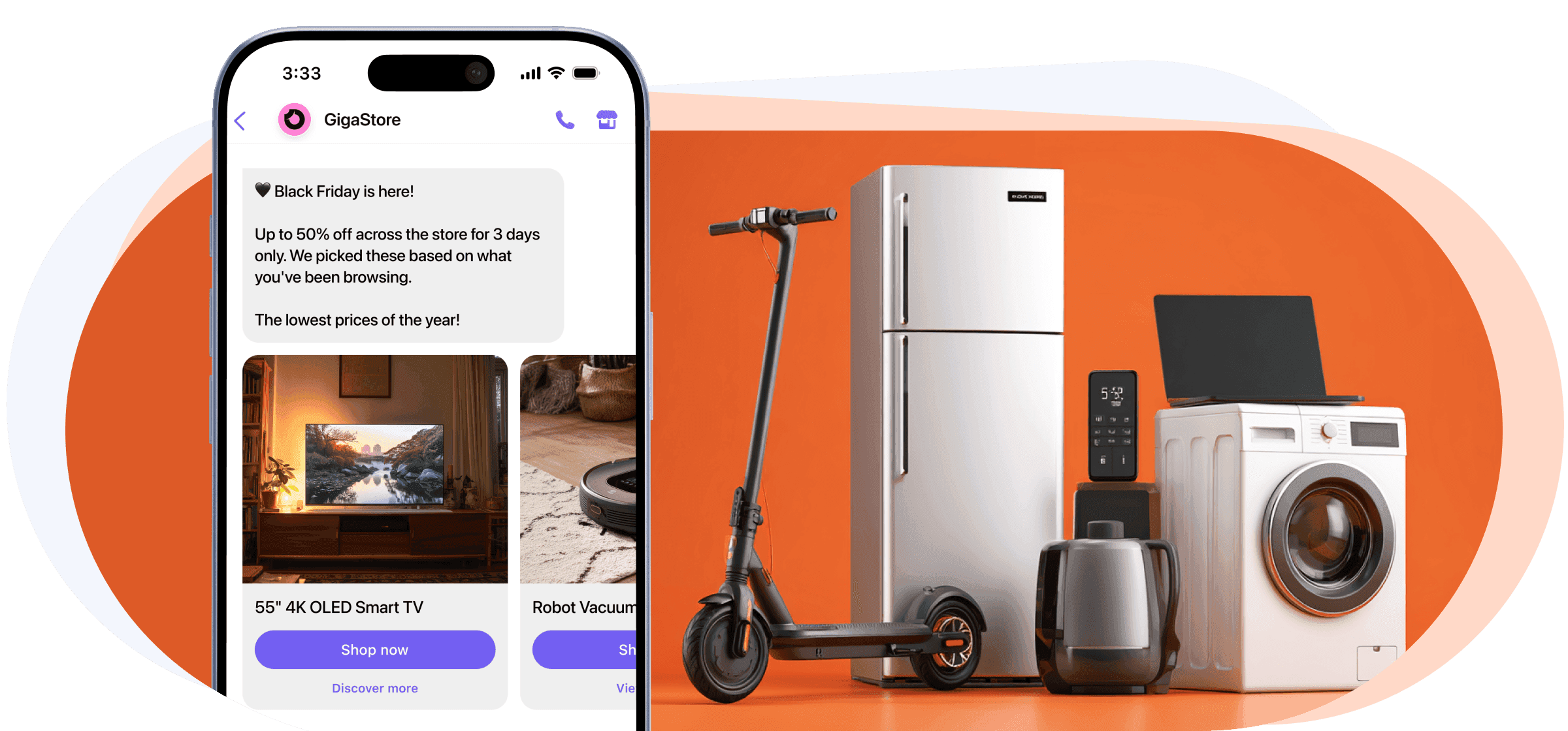 Visual which depicts a personalized Viber message related to Smart TVs, home appliances and more electronic products (desktop view)