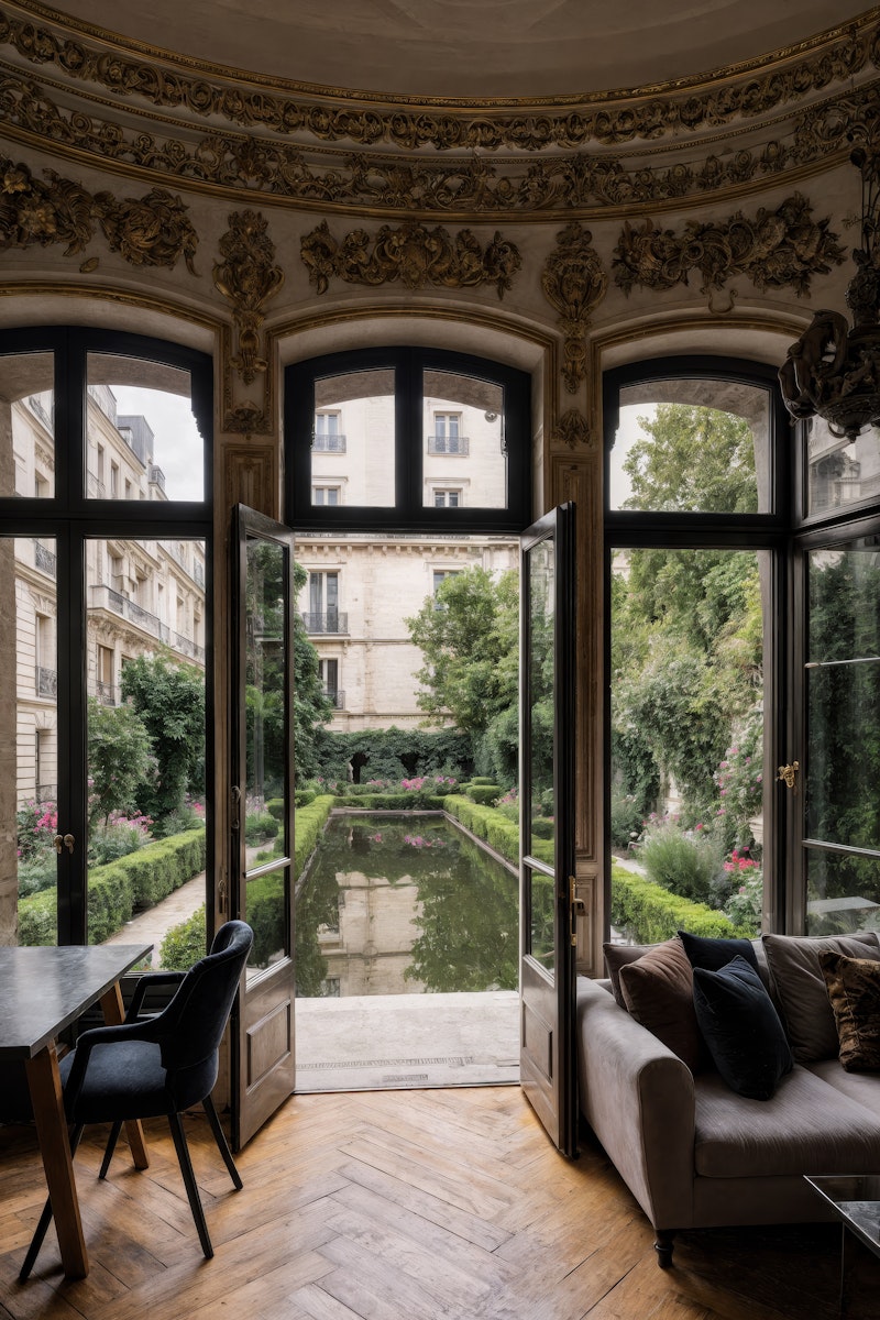 Cozy living room with sectional sofa and wood stove.