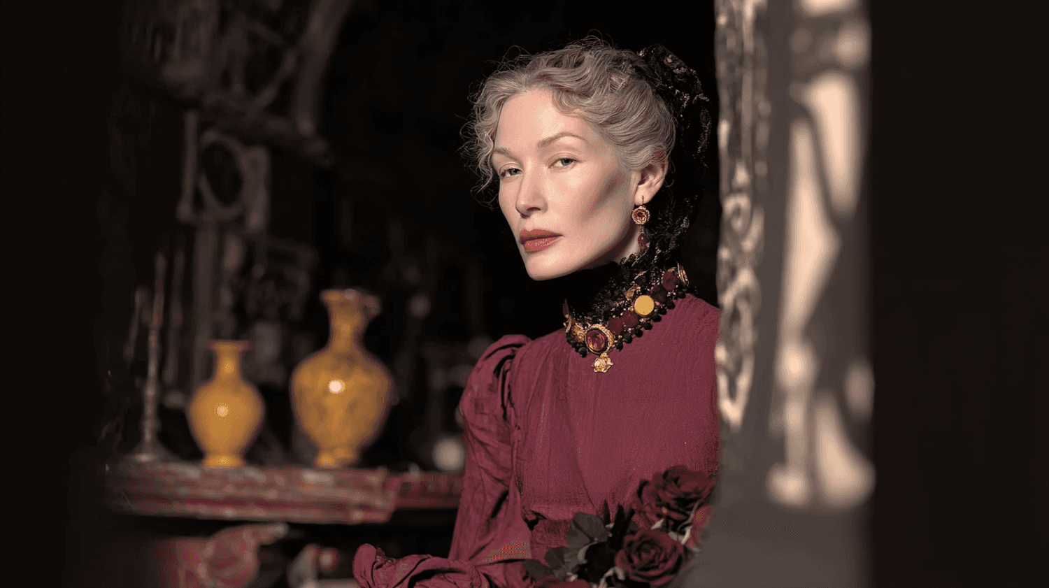 A poised woman in a vintage burgundy gown