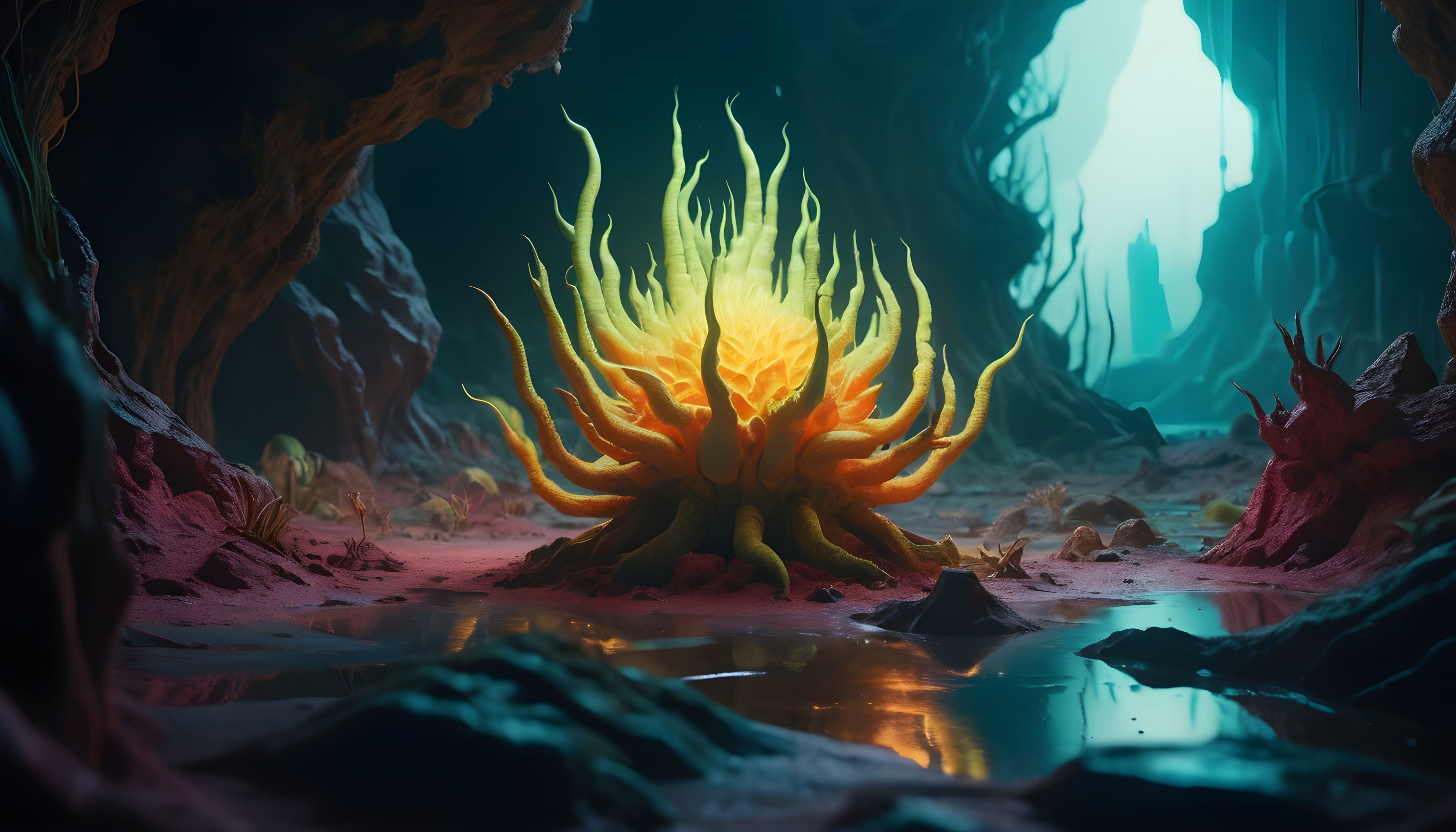 A mystical bioluminescent plant, an alien lifeform, radiating an eerie glow in an otherworldly cavern.