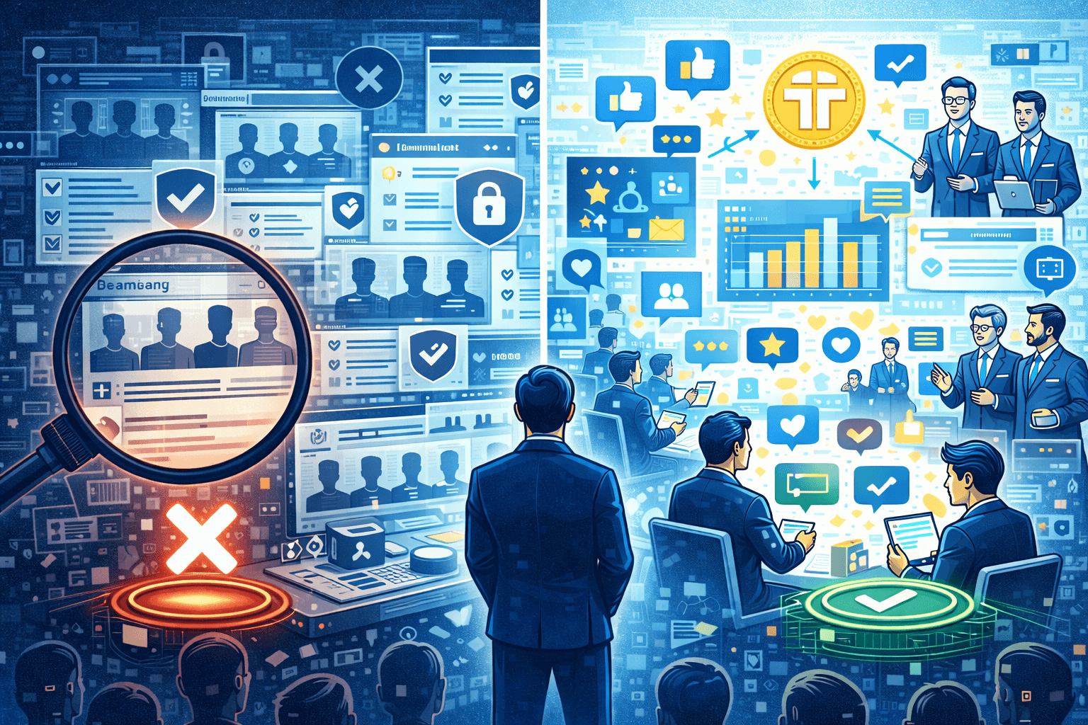 Illustration comparing the right and wrong approaches to building Web3 brand authority.