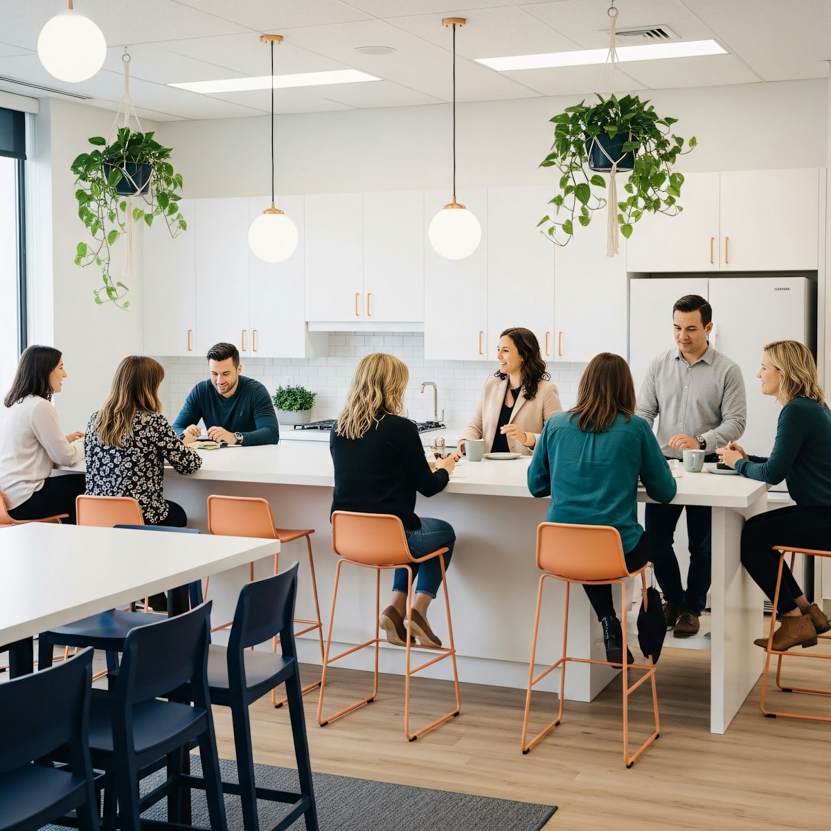Group of people sitting around a long table in a modern office space.