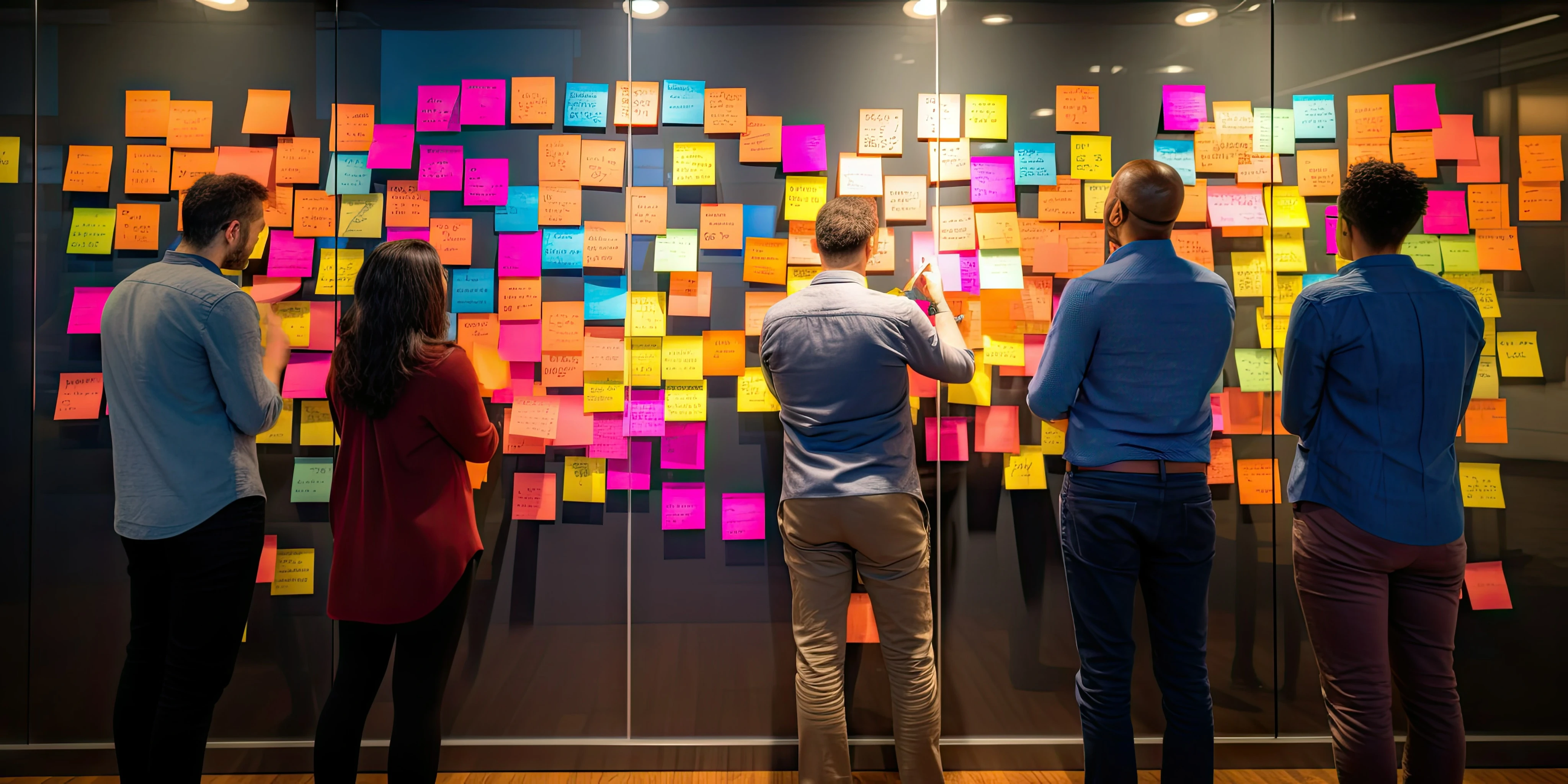 Des gens collent des post-it sur un mur pendant la phase d'idéation