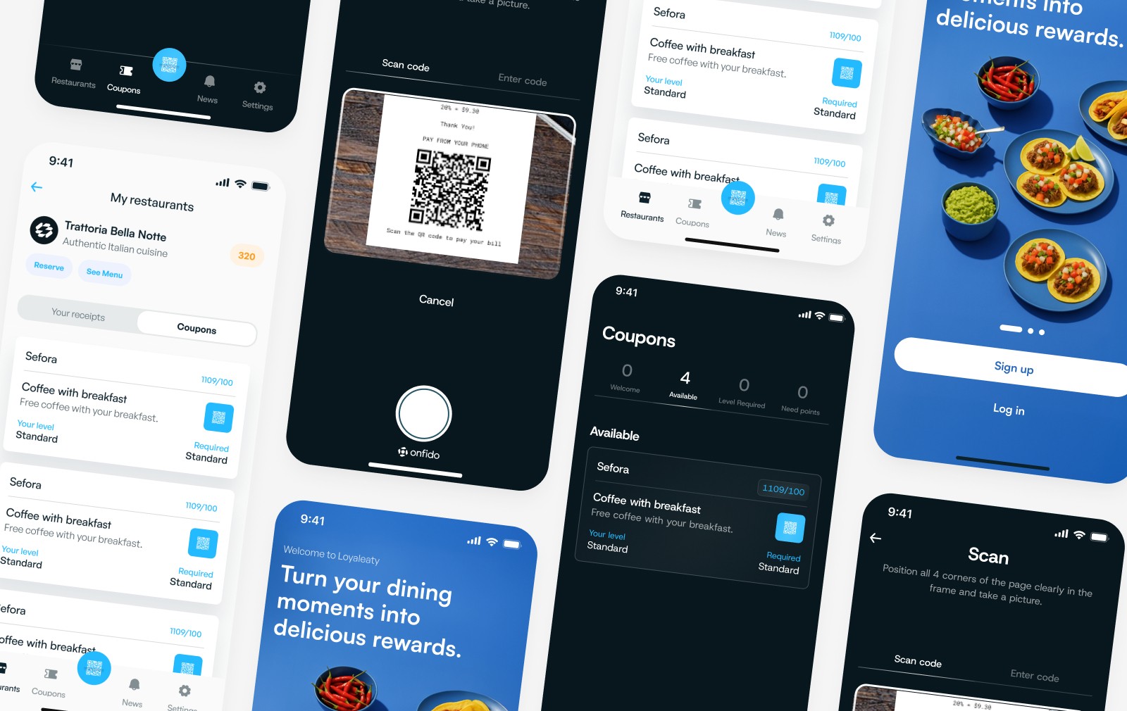 Loyaleaty mobile app UI — loyalty scanning flow, coupon screen, rewards dashboard, and habit-forming interactions for restaurant guests