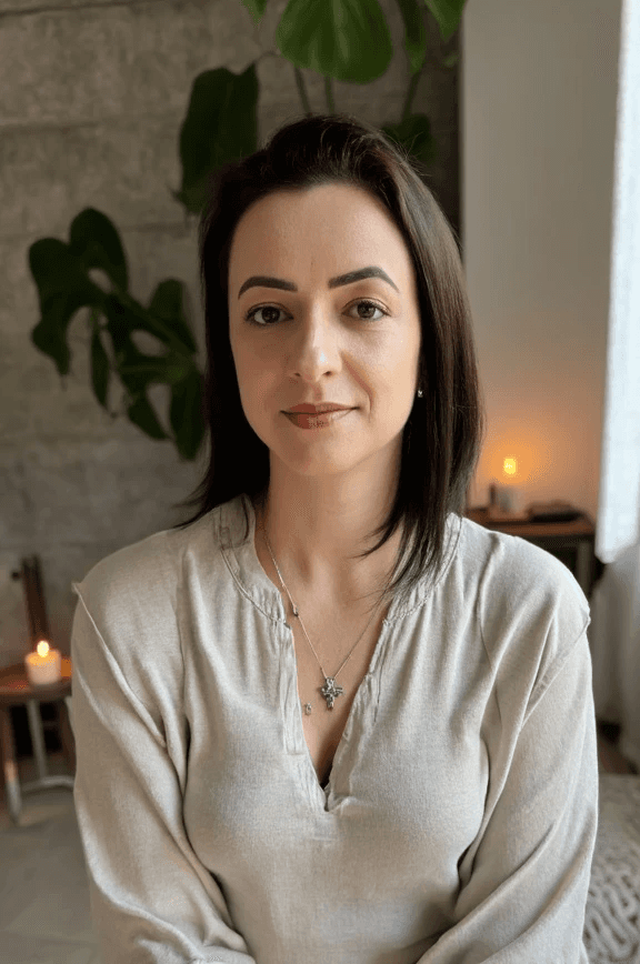 Smiling female therapist with short gray hair, wearing a brown top and a purple shawl, surrounded by a cozy background.